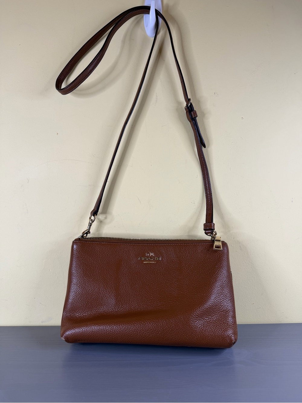 Vintage Coach Lyla Pebbled Leather Crossbody in Chestnut Brown, double zipper